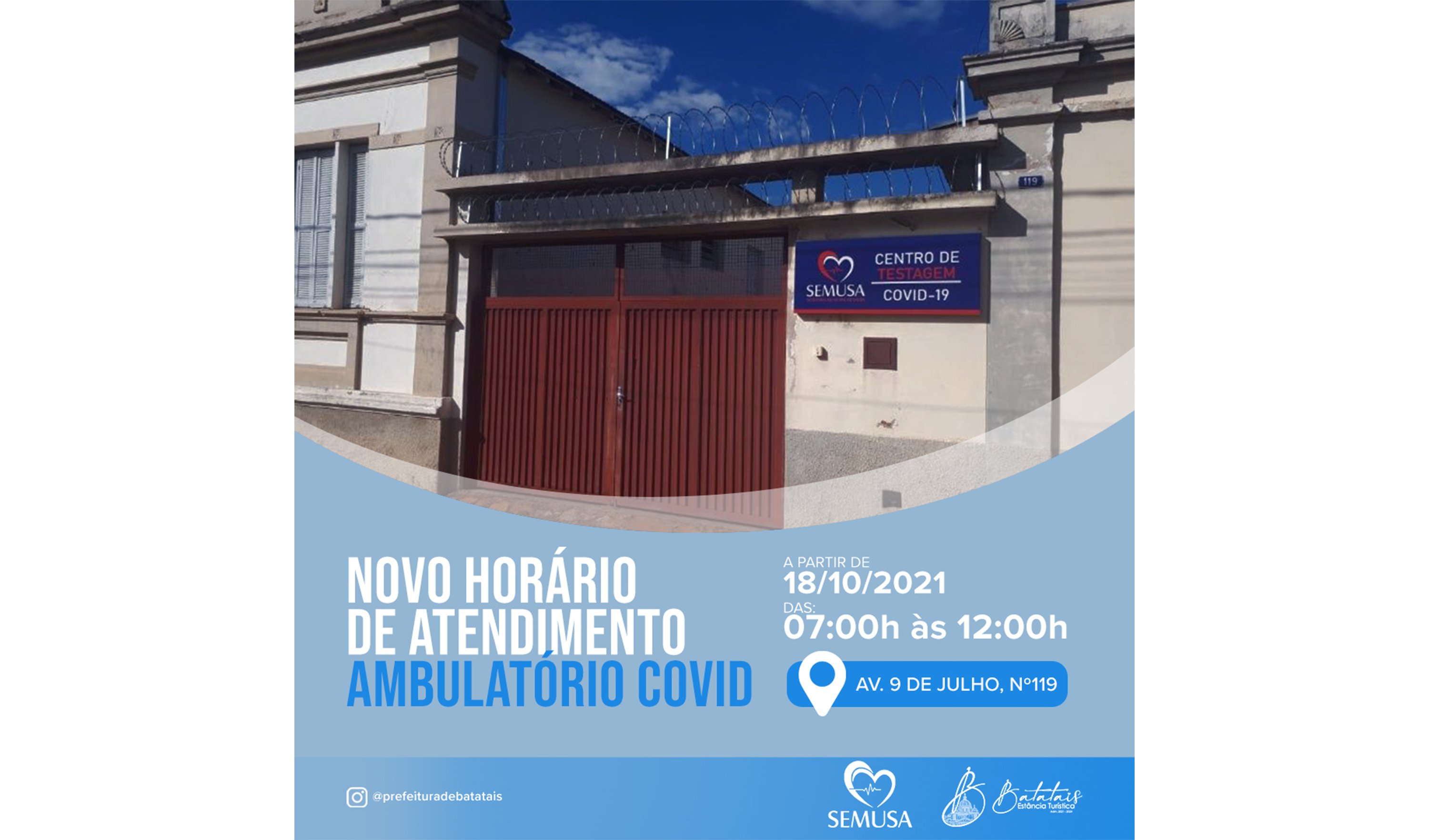 Novo horário de funcionamento do Centro de testagem covid.