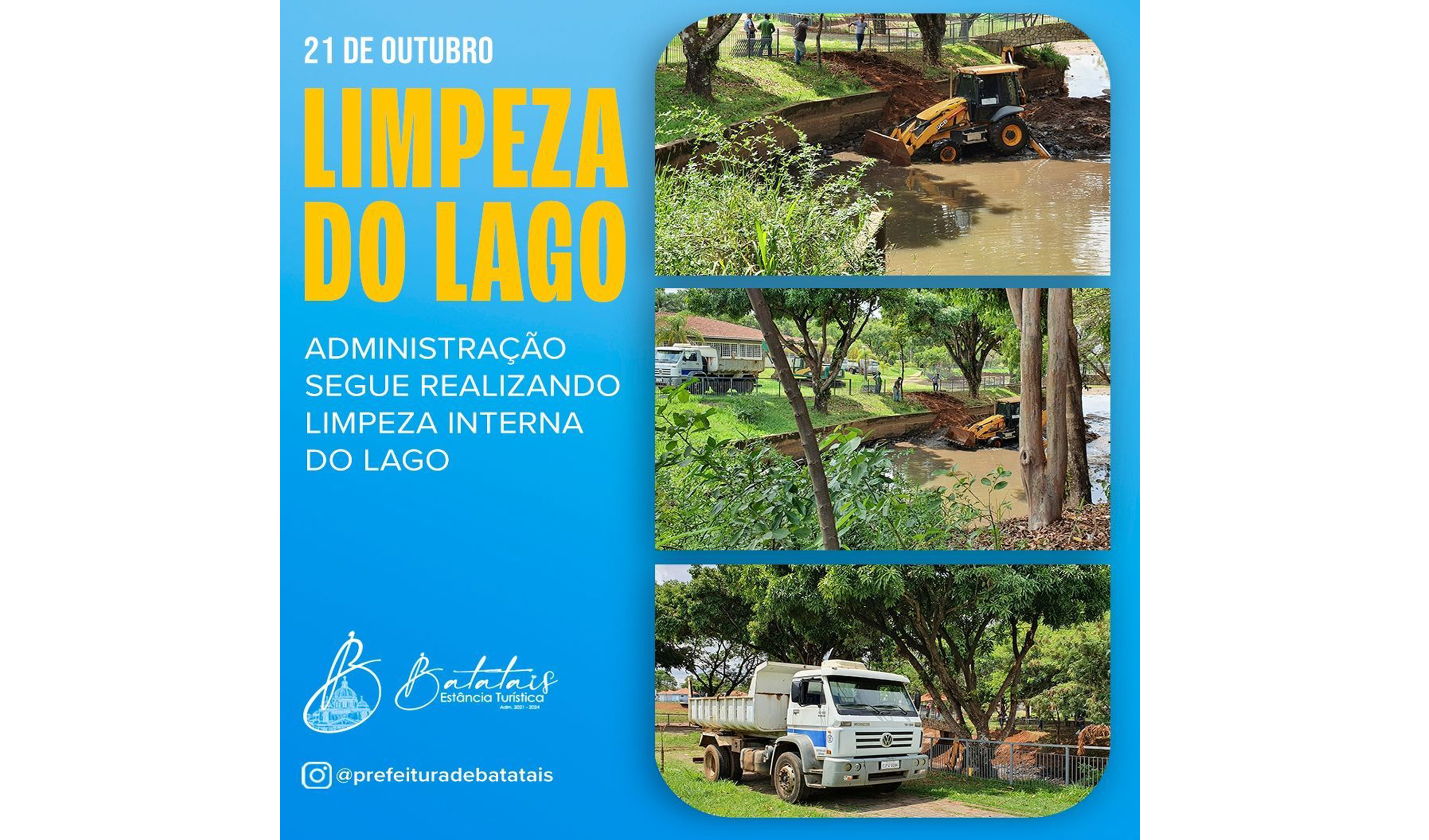 Administração segue com a limpeza do lago.