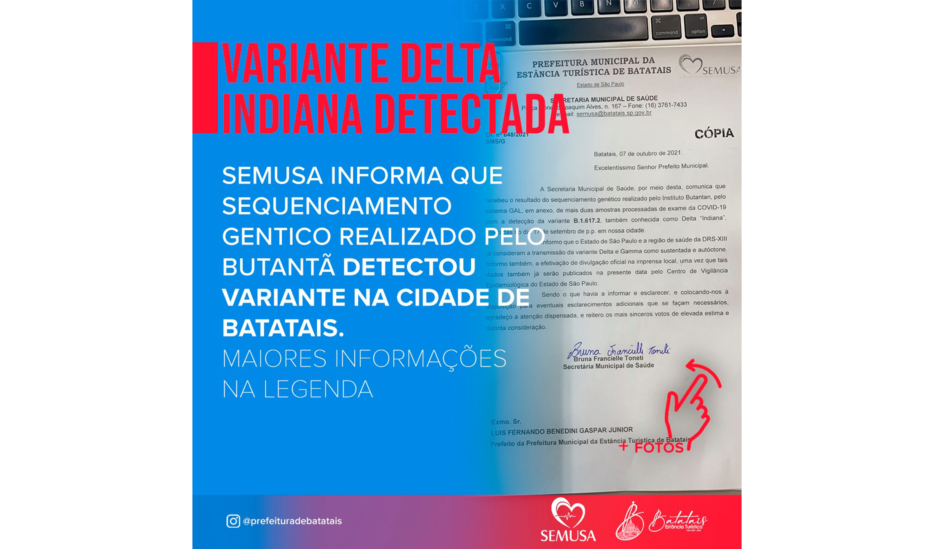 Exames detectaram nova variante Delta do Corona vírus circulando em Batatais.