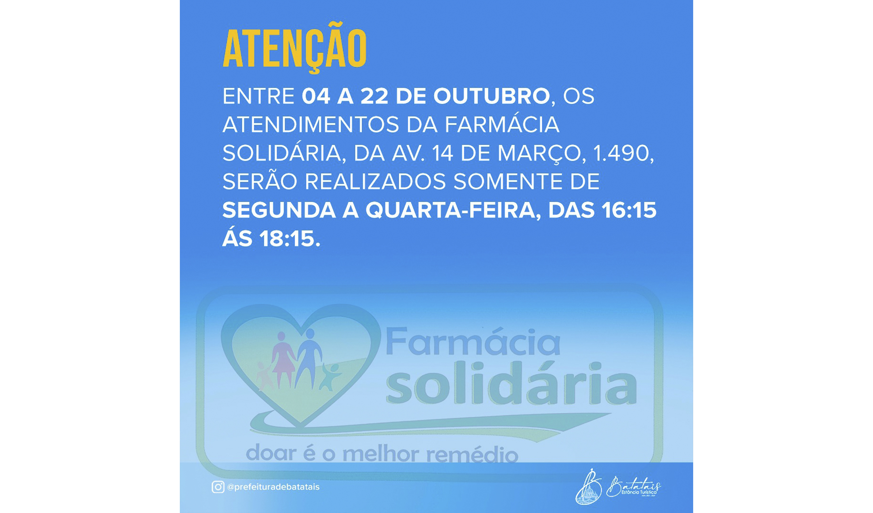 Atenção aos horários de atendimento na farmácia solidária!