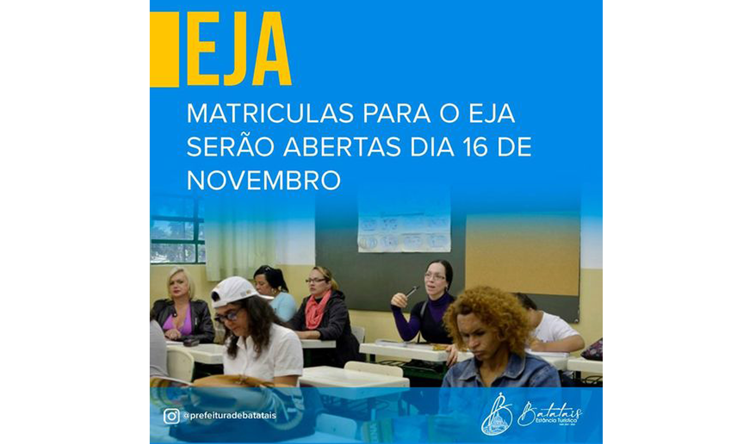 Matrículas para o EJA serão abertas dia 16 de novembro.