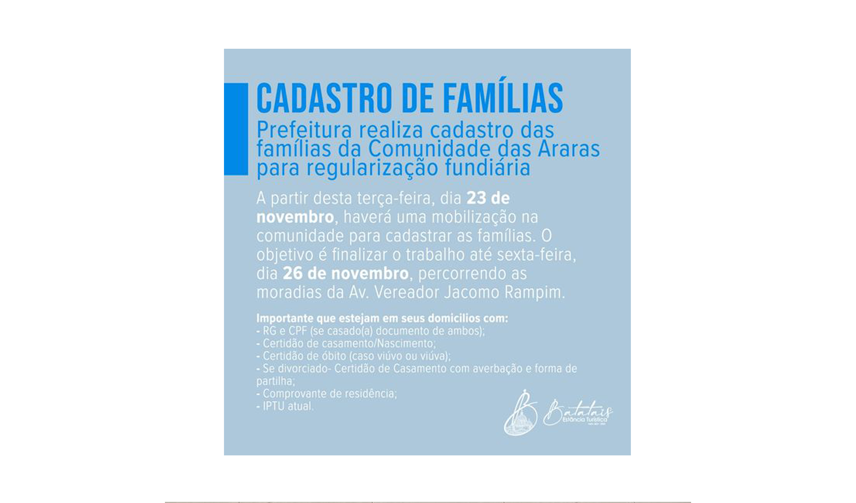 Prefeitura realiza cadastro das famílias da Comunidade das Araras para regularização fundiária.