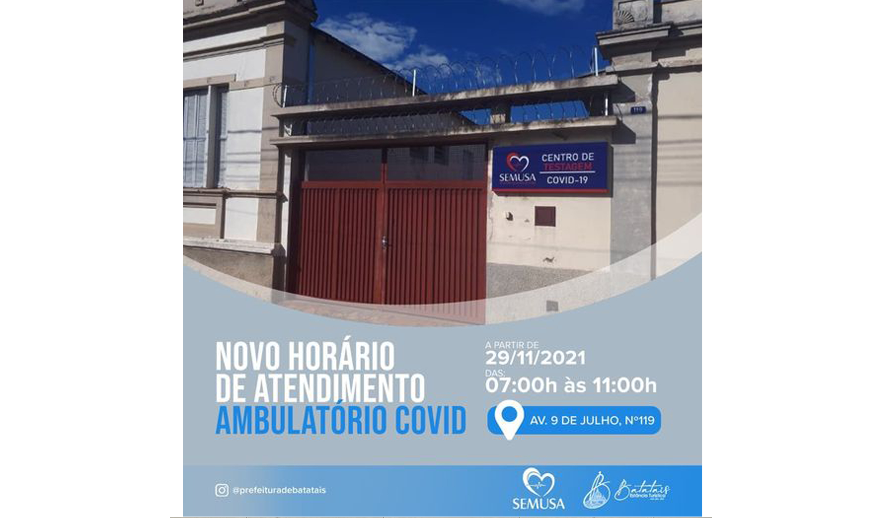 Ambulatório Covid-19 terá novo horário de atendimento a partir de 29 de novembro.