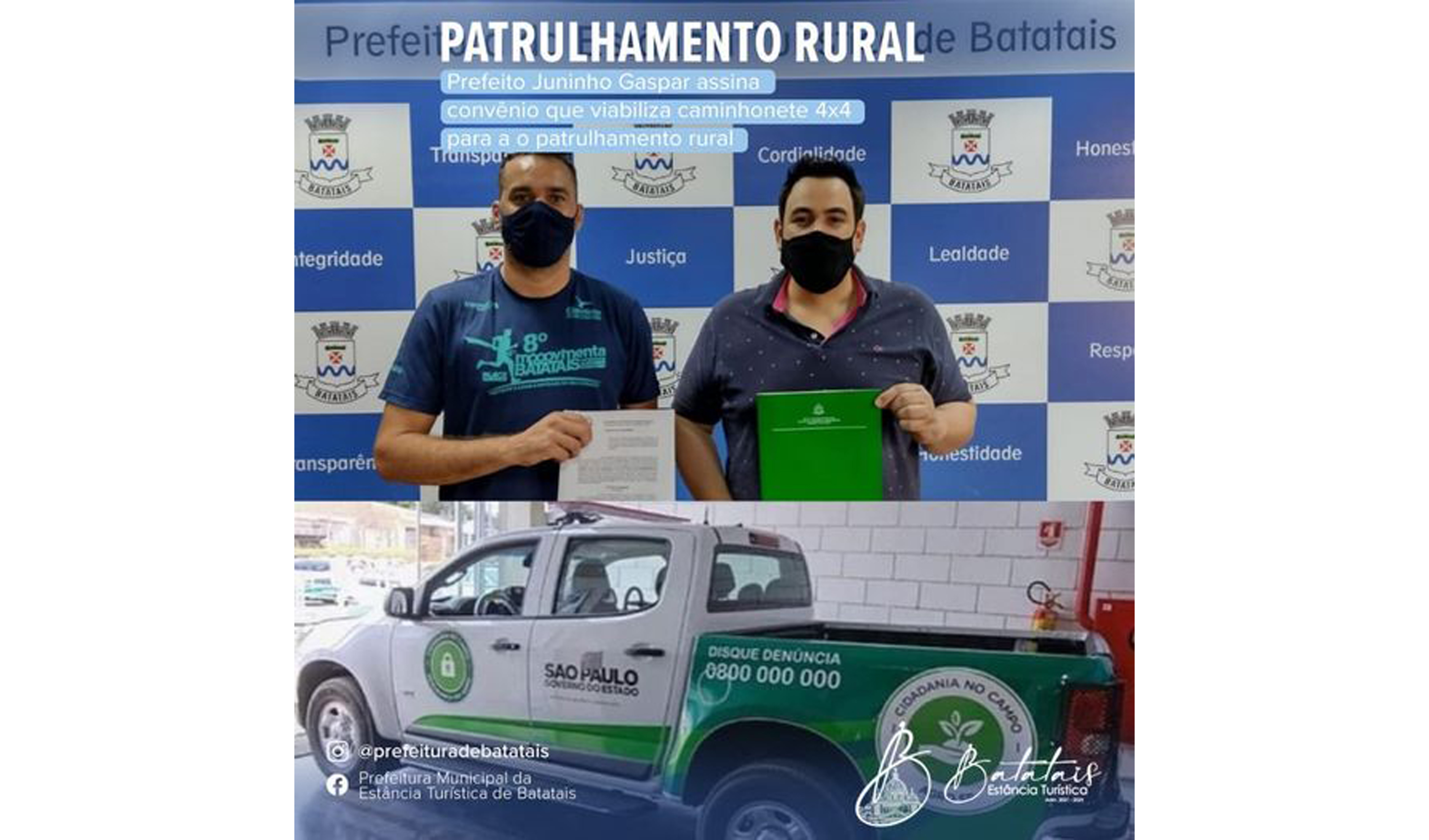 Prefeito Juninho Gaspar assina convênio que viabiliza caminhonete 4x4 para a o patrulhamento rural.