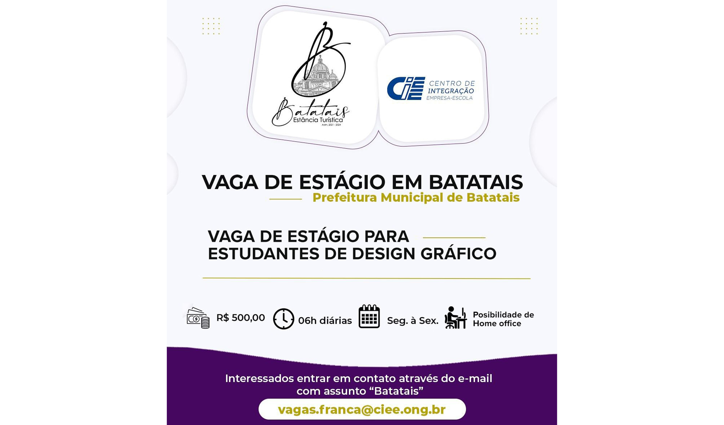 Mais vagas para novos estagiários na Prefeitura de Batatais.