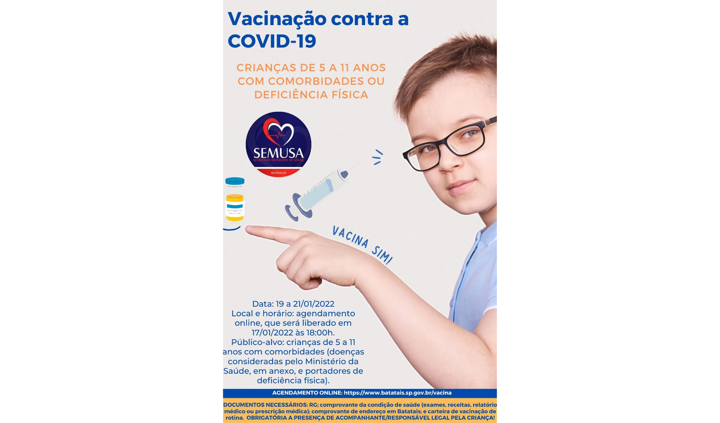 CRONOGRAMA DE VACINAÇÃO CONTRA A COVID-19 PARA CRIANÇAS DE 5 A 11 ANOS COM COMORBIDADES OU DEFICIÊNCIA FÍSICA.