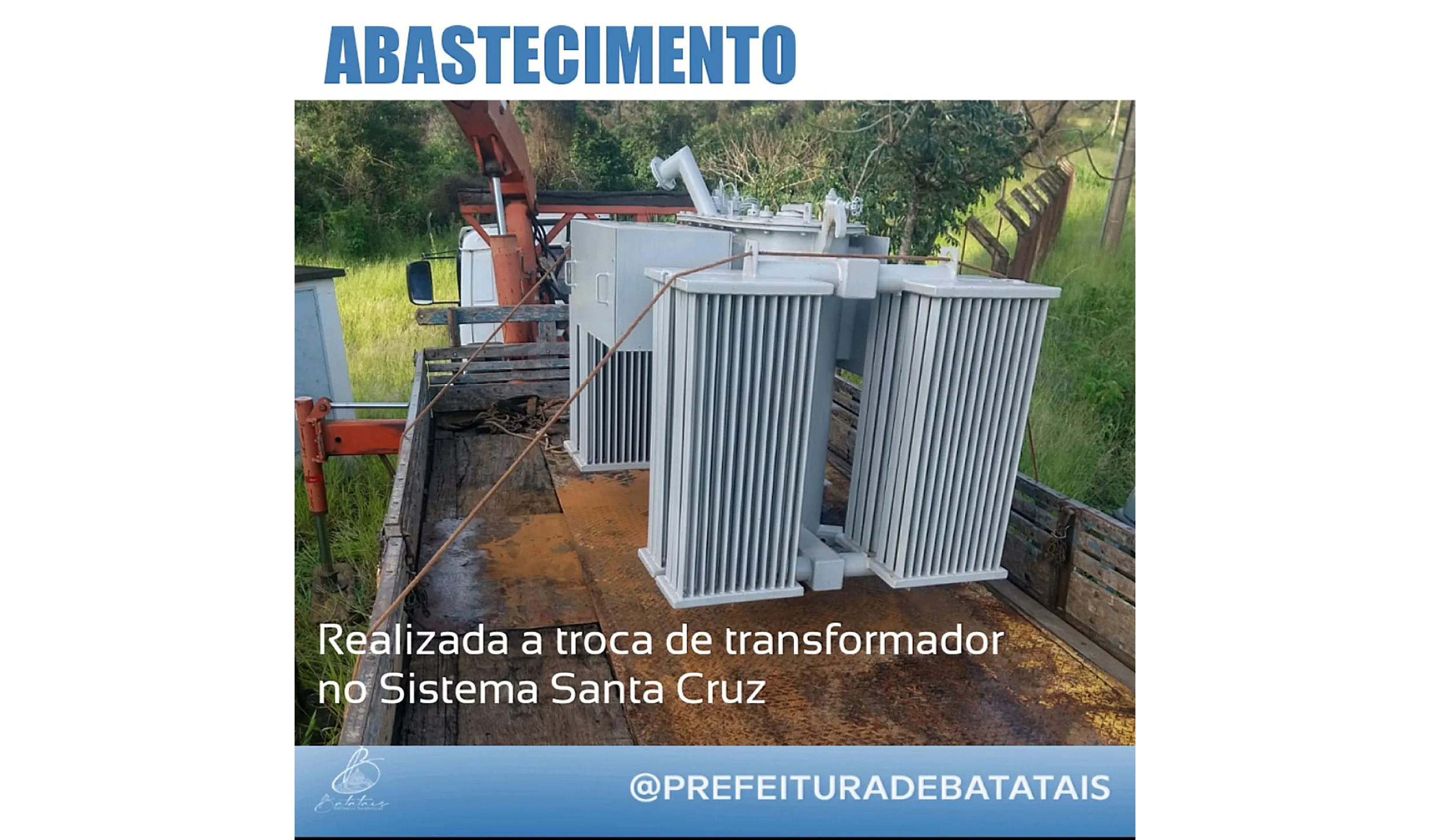 Realizada a troca de transformador de energia elétrica para restabelecer o bombeamento de água do Sistema Santa Cruz.