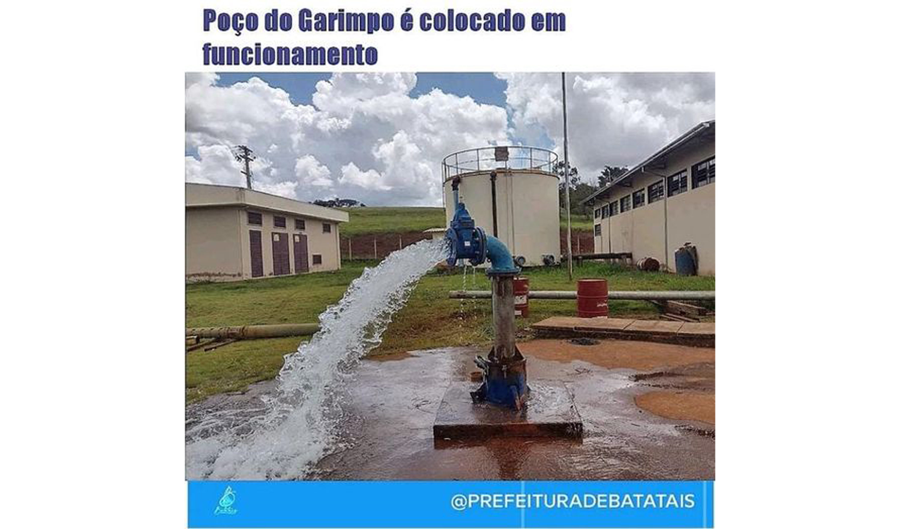 A Prefeitura Municipal, por meio da Secretaria de Obras, Planejamento e Serviços Públicos, colocou o poço do garimpo para funcionar