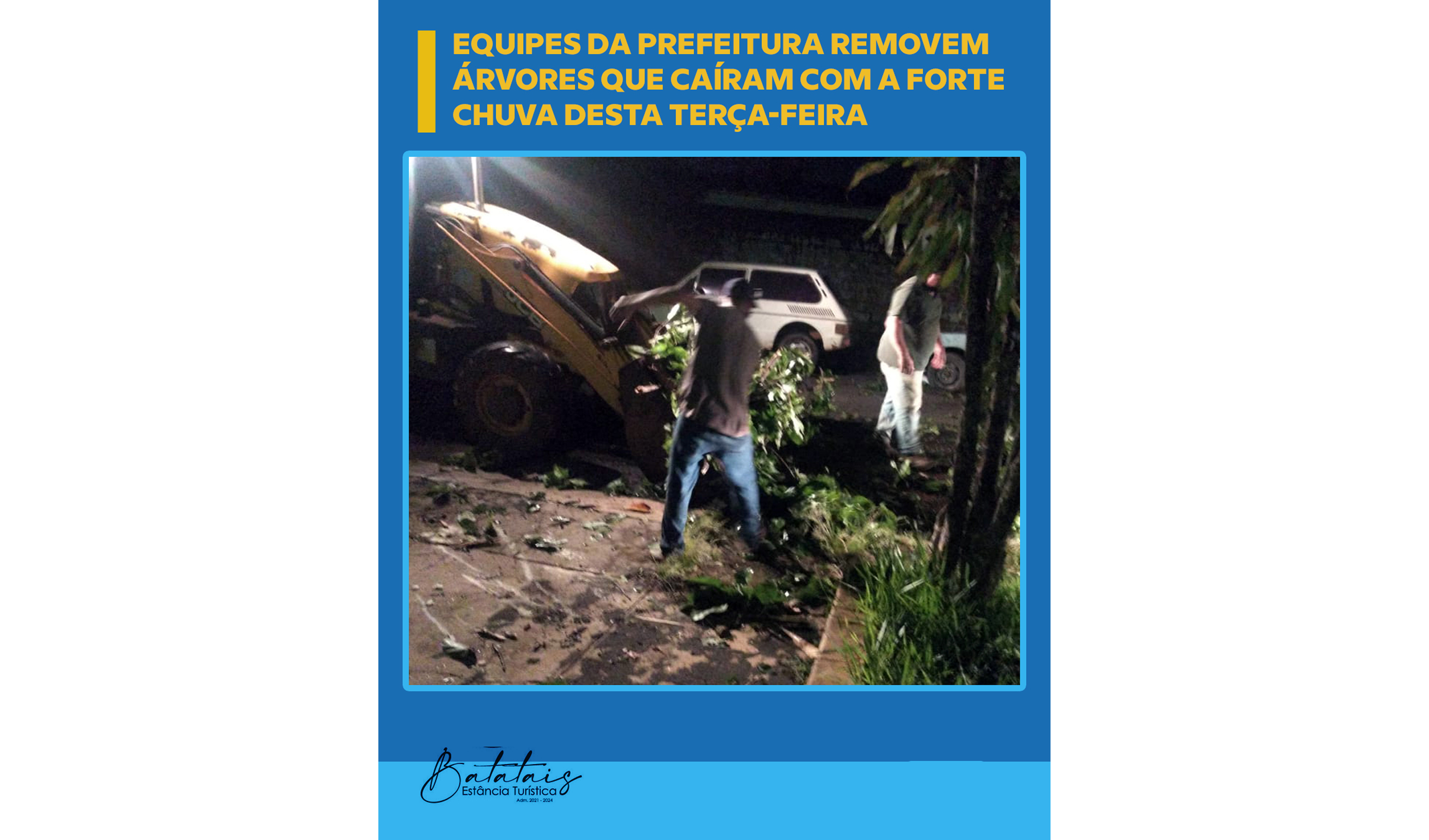 Equipes da Prefeitura removem árvores que caíram com a forte chuva desta terça-feira.