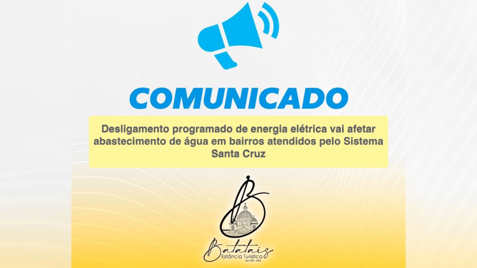 Desligamento programado de energia elétrica vai afetar abastecimento de água em bairros atendidos pelo Sistema Santa Cruz.